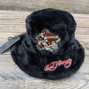 Ed Hardy Black Faux Fur Hat with‎ Skull Embroidery Unisex